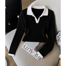 Camisa polo Bicolor Feminina Manga Longa Ribana Algodao  Simples Casual Malhado Diário