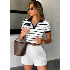 Camiseta Polo Feminina Listrada Ribana Canelado Algodão Casual Moda Gringa Basico T-Shirt Verão