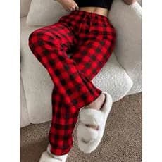 Calça Pijama Feminina Longa Casual com Estampa Xadrez Vermelho Cintura Elástica Perna Reta Confortável