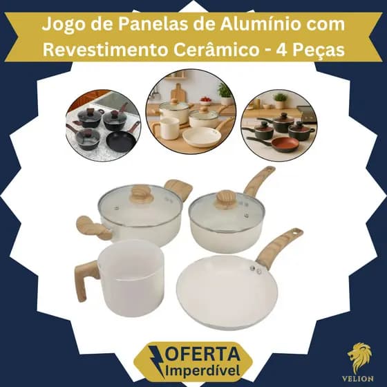 Conjunto Jogo 4 Panelas Fogão Indução ou Gás Antiaderente evestimento Cerâmico Tampa Vidro