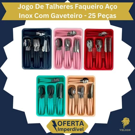 Jogo De Talheres 25 Peças Faqueiro Aço Inox Com Gaveteiro Escoedor