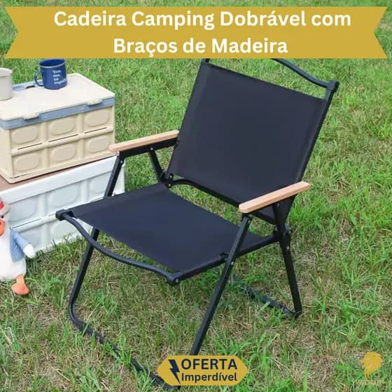 Cadeira Dobrável com Braço em Madeira Camping, Pesca, Praia Portátil Resistente Suporta 120kg