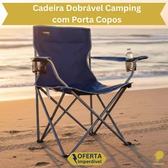 Cadeira Dobrável Praia Camping Pesca Aço Com Porta Copos Acampamento Portátil