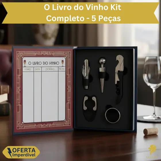 Kit Livro Vinho Abridor Dosador Saca Rolhas Tampa Garrafa 5 Peças Completo Elegante Presente