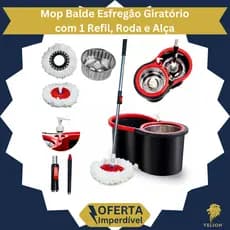 Mop Balde Esfregão Giratório 360 com 1 Refil, Roda, Alça, Cesto Inox Limpeza