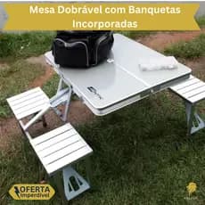 Mesa Dobrável com 4 Banquetas Incorporadas Camping e Lazer Maleta Portátil Área Externa Assento