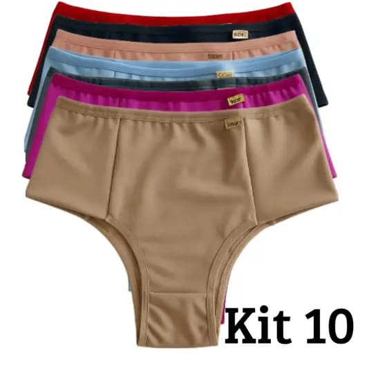Kit 10 Calcinha Cintura Alta Feminina com Pala Dupla Lateral Conforto no Dia a Dia Promoçao Feminino