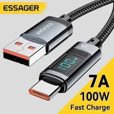 Cabo Essager Até 100W com Display Digital – USB-A para Tipo-C e Lightning