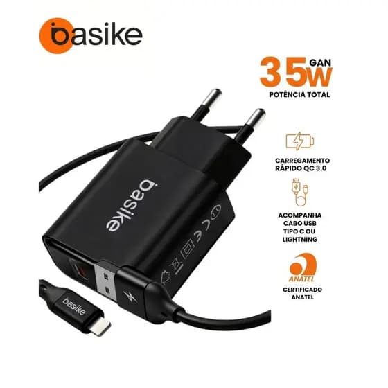 Carregador Turbo 35W Basike GaN Original + Cabo [iPhone ou Tipo C] Homologado Anatel