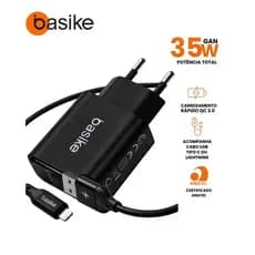 Carregador Turbo 35W Basike GaN Original + Cabo [iPhone ou Tipo C] Homologado Anatel