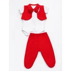 Kit Roupa Bebê Social Masculino Body com Colete Gravata Borboleta e Mijão Vermelho