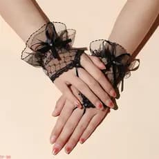(TFMT) Luvas Góticas Curtas Pretas Femininas Harajuku Rendas Nupcial Casamento Halloween Lolita Vestido Rede
