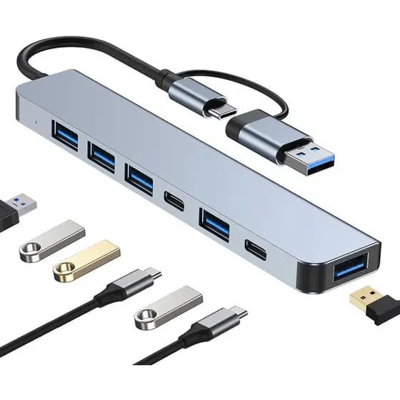 Hub USB C 7 em 1 de alumínio com USB 3.0, divisor USB multiportas expansível com 5 portas USB 2 portas USBC para MacBook