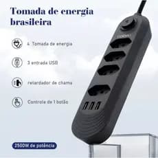 COIBEU Extensão de tomadas 4 tomadas de 3 furos e 3 usb filtro de linha com cabo de 2m Bivolt