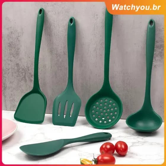 Conjunto de 1 peça de utensílios de cozinha de silicone, incluindo espátula, colher de sopa e colher de arroz.