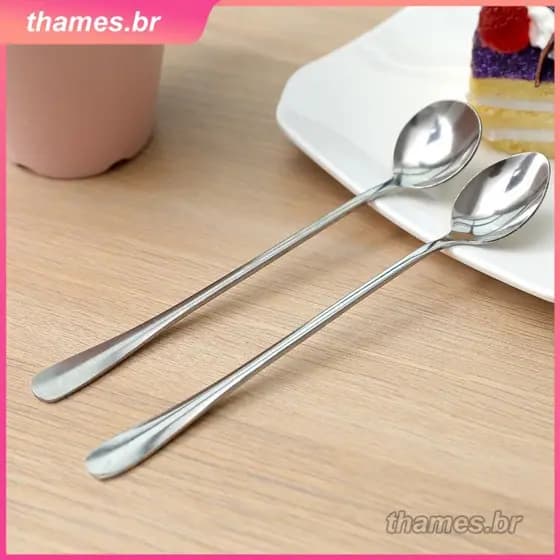 Colher de sorvete com cabo longo em aço inoxidável estilo coreano, colher para mexer chá thames.br
