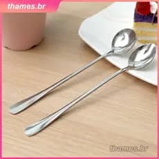 Colher de sorvete com cabo longo em aço inoxidável estilo coreano, colher para mexer chá thames.br