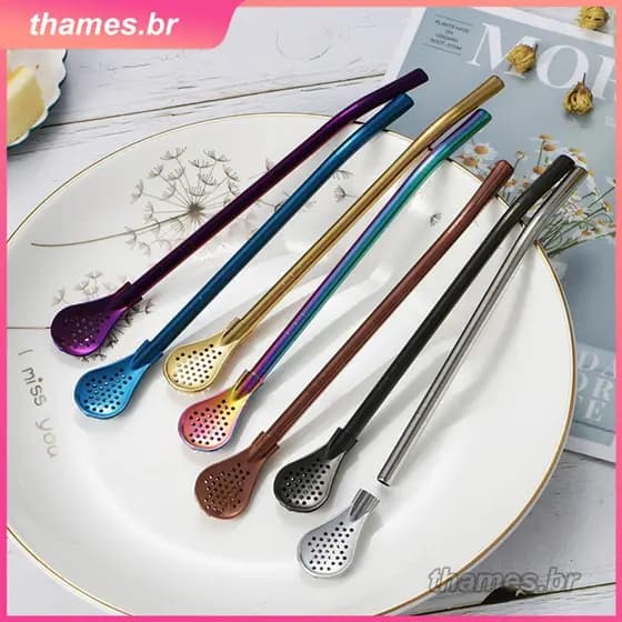 Colher de chá colorida em aço inoxidável, com canudo, coador de chá mate, cabaça reutilizável, utensílios para chá