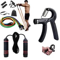 Kit Elástico Extensor + Hand Gripe + Corda de pular Pilates Academia Treino