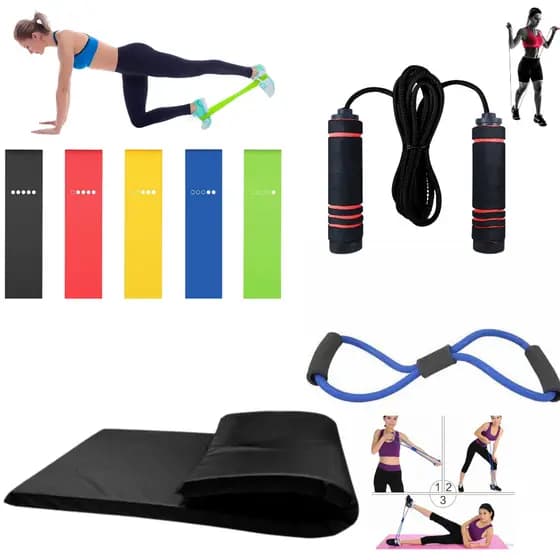 kit Ginástica Colchonete + 5 Mini Band + Corda de pular + Elástico de Tensão Exercício Em Casa