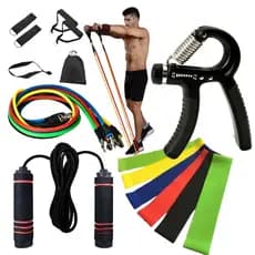 Kit 11 Elastico Exercicio + 5 Mini Band + Hand Grip + Corda Treino Em Casa E Fisioterapia Pilates