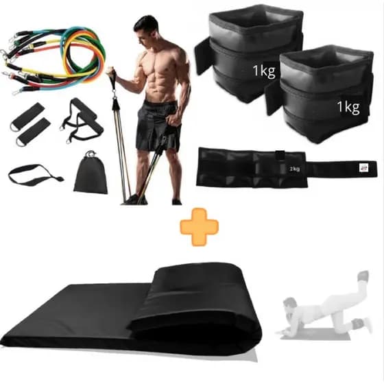 kit Ginástica com Elástico de 11 Peças + Caneleira 1kg + Colchonete
