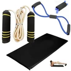 Kit de Treino Funcional em Casa Colchonete + Elástico de tensão + Corda de Pular