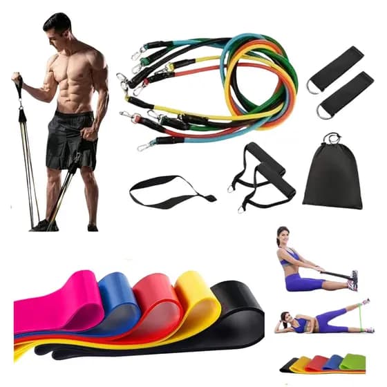 Kit Ginastica em Casa Com Elásticos Extensores Exercícios Musculação 11 Peças + 5 Mini Band