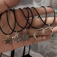 Colar Com Pingente De Estrela E Lua Y2K-De Casal Corda De Couro Doce Legal-Gargantilha Cor Prateada-Presente De Melhores