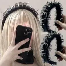 Tiara De Renda Com Rebite Estilo Gótico-Faixa De Cabelo De Couro PU Rebites Punk-Ferramenta De Penteado DIY Para Maquiag