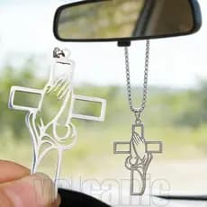 4-1Pc Pingente De Cruz De Mão De Oração De Aço Inoxidável-Decoração De Interiores De Carro-Ornamento De Suspensão Automá