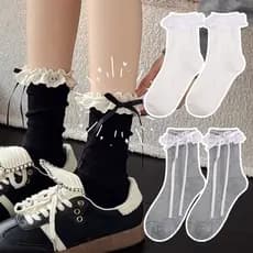 2/3/4 Pares De Meias Lolita Lace Bow-Nó Meia Panturrilha Com Babados – Domésticas Antiderrapantes Anti-pilling Macias E