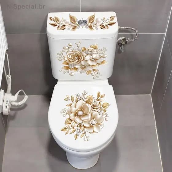 [Nis] Luxo Ouro Pérola Floral Vaso Sanitário Stier À Prova D'água Autoadesivo Decoração De Banheiro Wall Stiers Casa [BR