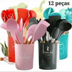 Jogo de Cozinha Kit C/12 Peças Utensílios de Cozinha em Silicone e Cabo de Madeira Antiaderentes
