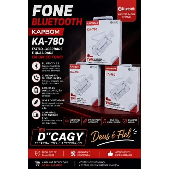 Fone de Ouvido Intra Auricular Bluetooth com Case de Carregamento Transparente Kapbom KA-780