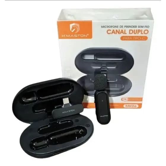 Microfone de Lapela Sem Fio H'maston MK06 para smartphones Tipo-C.O kit inclui dois microfones e um