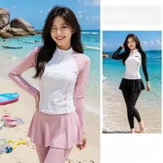 Maiô Feminino De 3 Peças Com Saia De Manga Comprida Modesto Cobertura Total Proteção Solar Rash Guard Praia Férias Snork