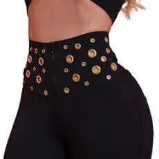 Calça Legging com Detalhes Ilhós na Cintura Leg Skinny Chapa Barriga Levanta Bumbum Malha Pop Zero Transparencia