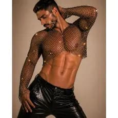 Strass Manta Cravejada BRILHANTE Cropped Assimétrico manga longa Flare/look festival/parada orgulho pride day gay lgbt