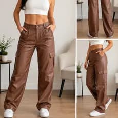Calça Courino PU com Bolsos barra FLARE cintura alta HOT - Coleção 2026/roupa feminina para festa/look festival rave