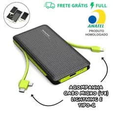 CARREGADOR PORTÁTIL POWER BANK 10000MAH PN-956 COM 3 SAÍDAS (MICRO-USB (V8), LIGHTING E TIPO-C)
