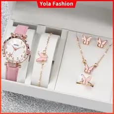 Moda Butterfly & Flower Women Watches Casual Leather Band Conjunto De Jóias De Relógio De Quartzo