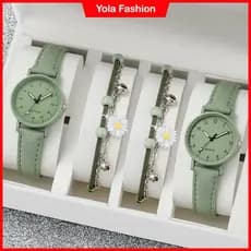 Relógio De Moda Feminino Conjunto Gêmeos De Couro Verde Pulseira Margarida 4PCS