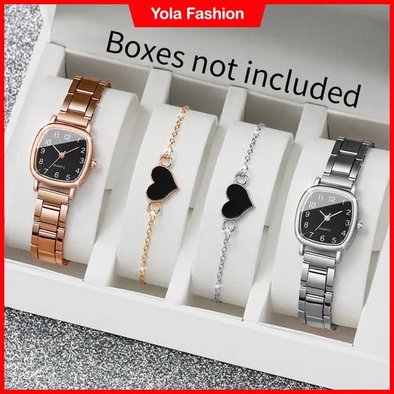 4PCs Relógio De Moda Simples Lazer Pulseira De Aço Inoxidável Quartzo Com Coração