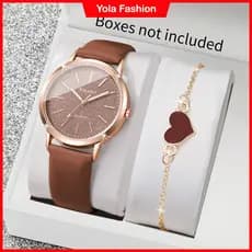 Conjunto De Relógio De Quartzo Feminino Elegante Com Pulseira De Couro E Presente Coração (Sem Caixa)