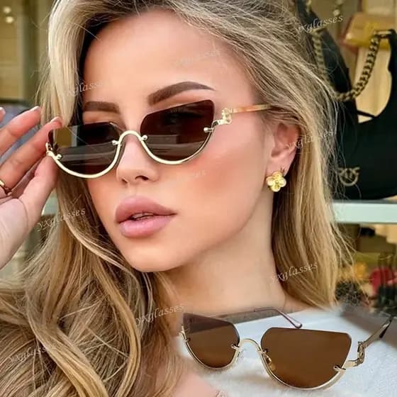 Óculos De Sol Olho De Gato De Metal Da Moda Para Mulheres Meia Armação Retrô Colorido Resistente A UV