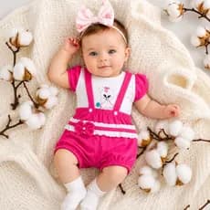 Conjunto Macacão Curto Jardineira + Camiseta Bordada Bebe Menina RN ou Bebê Reborn