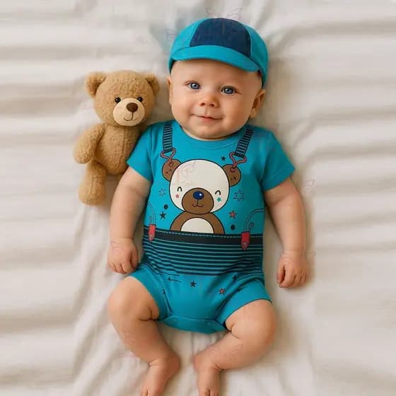 Conjunto Macacão + Boné Ursinho Curto Bebe Menino Tam RN a 03 Meses
