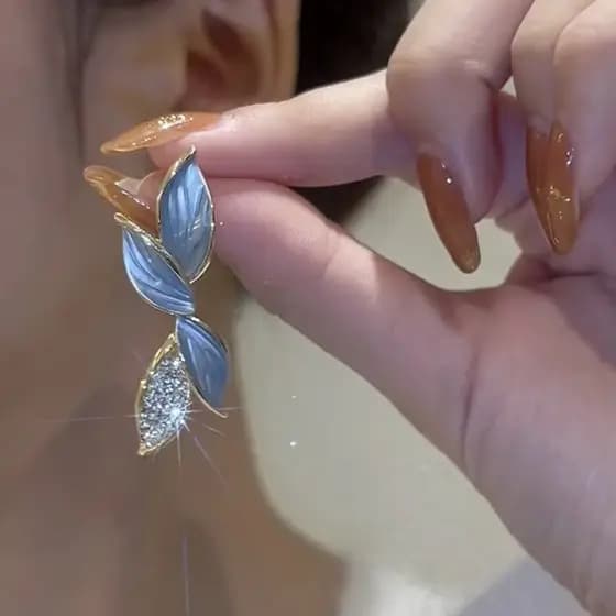 Brincos De Luxo Cristal Coreano Folha Esmalte Azul Folhas De Ins Girl Accessories