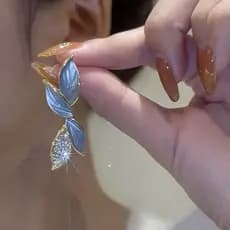 Brincos De Luxo Cristal Coreano Folha Esmalte Azul Folhas De Ins Girl Accessories